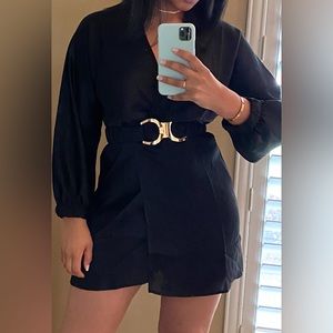 Black Satin Mini Wrap Dress with waist belt